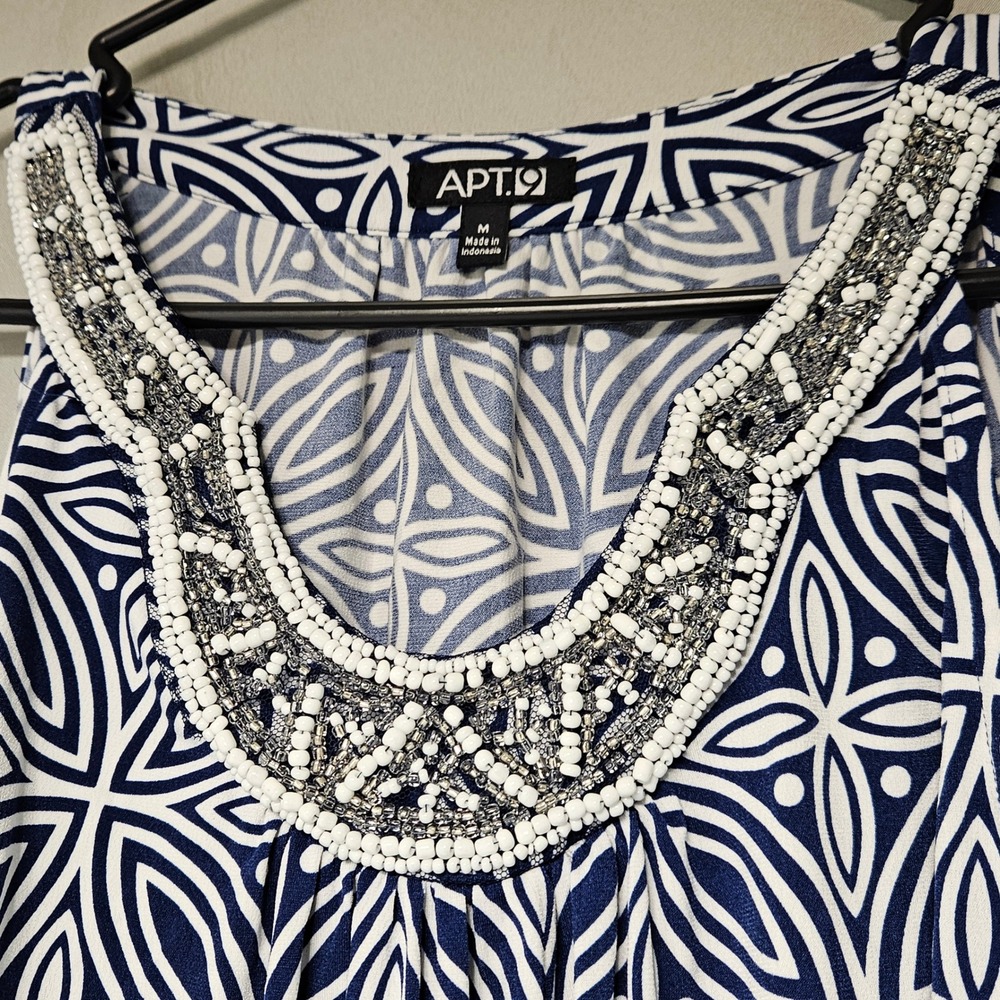 Apt 9 Shift Dress Womens Medium Blue Geometric Beaded Neck Sleeveless Medallion